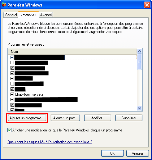 ajout programme pare - feu windows
